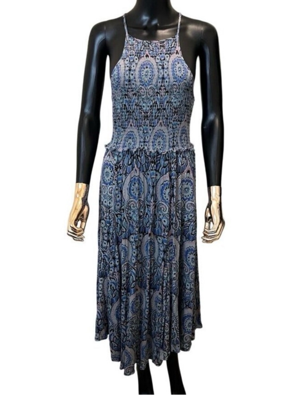 Free People Blue Paisley Smocked Halter Midi Dress Open Back Size M